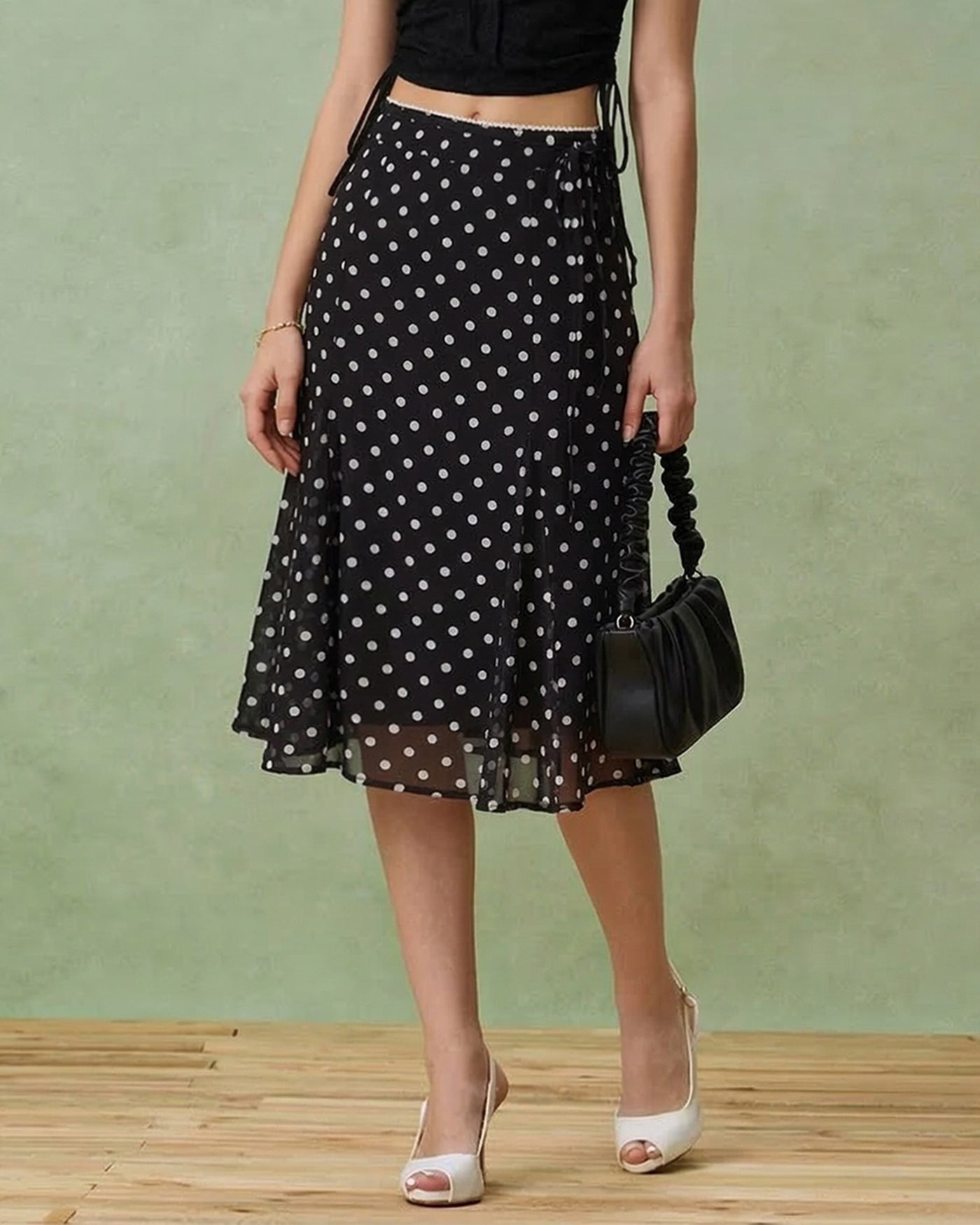 Polka Dot Mermaid Midi Skirt in Black