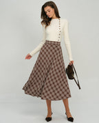 Floral A-Line Midi Skirt in Brown Plaid