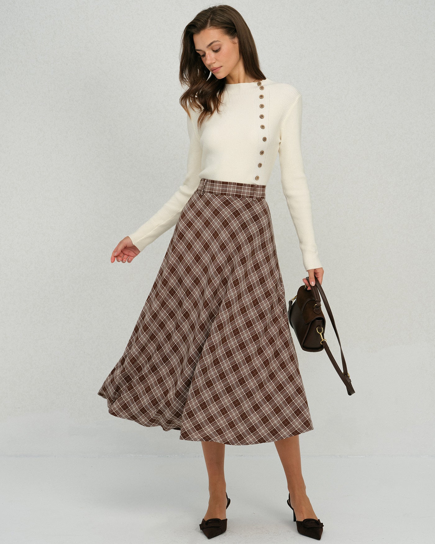 Floral A-Line Midi Skirt in Brown Plaid