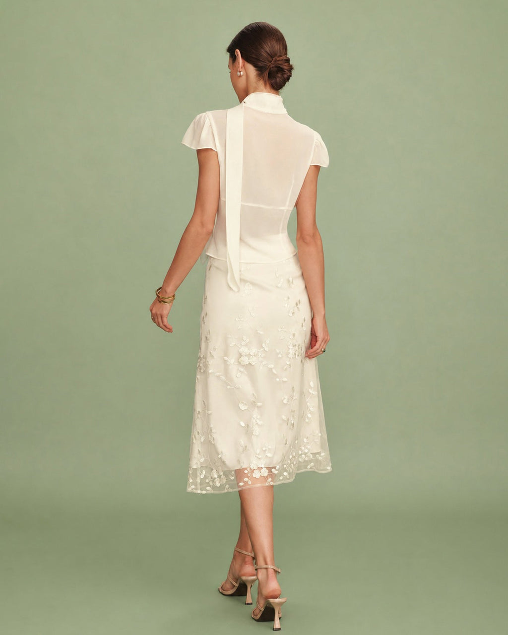 Apricot Floral Embroidered Mesh Midi Skirt