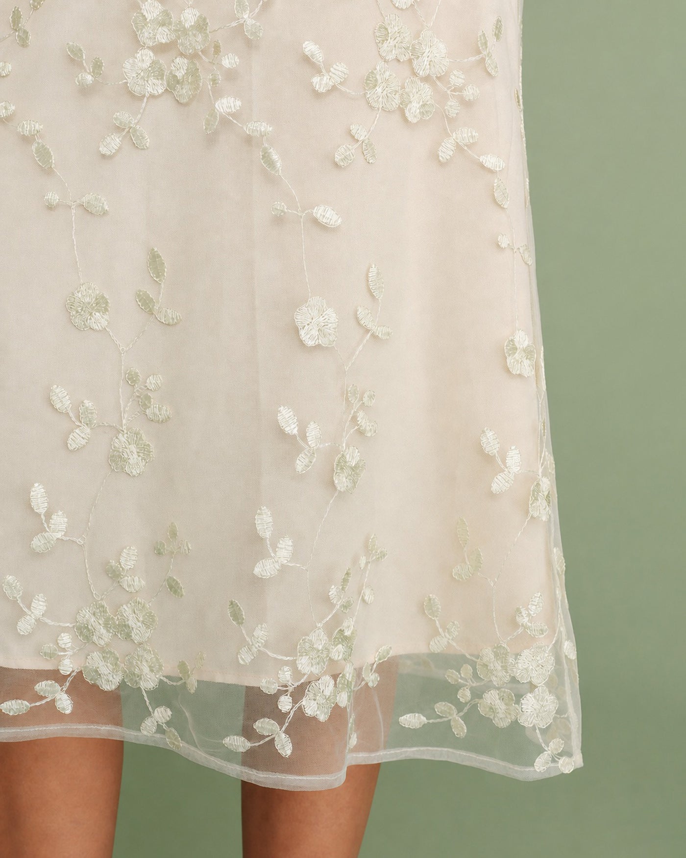 Apricot Floral Embroidered Mesh Midi Skirt