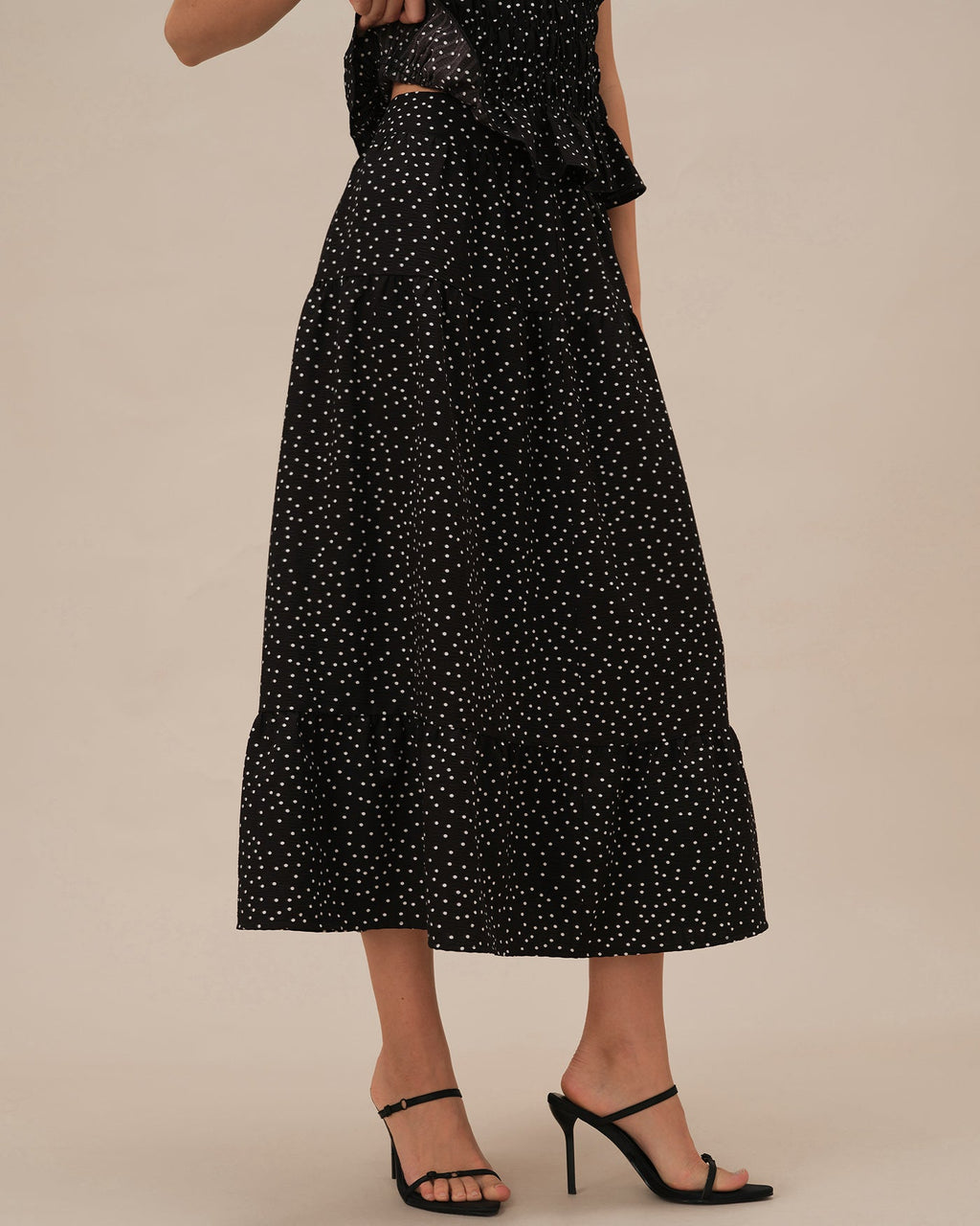 Ruched Midi Skirt with Black Polka Dots