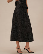 Ruched Midi Skirt with Black Polka Dots