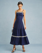 Navy Lace Midi Skirt with Polka Dot Design