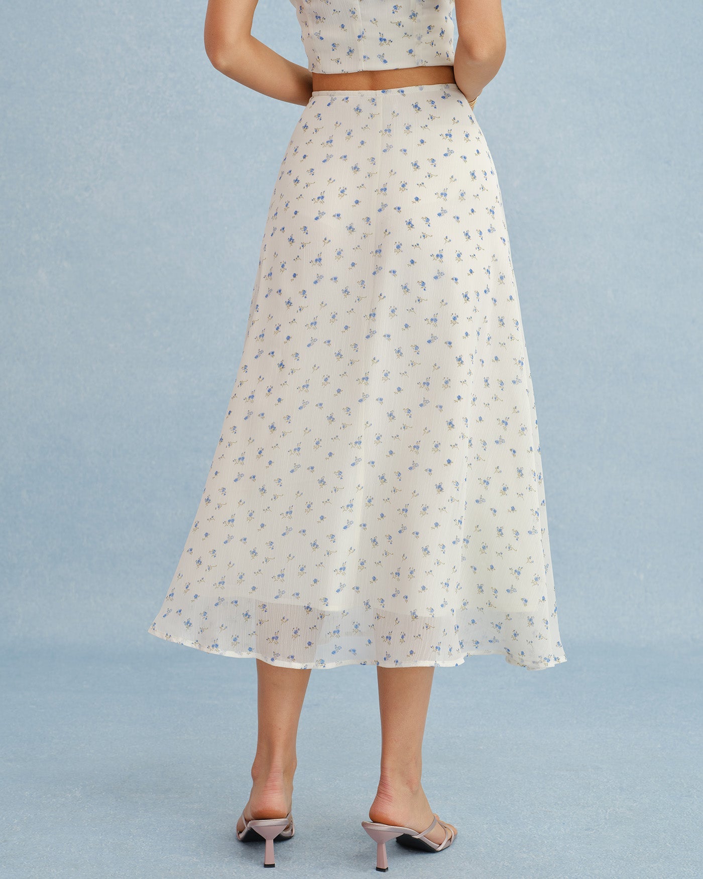 Floral Print Beige Chiffon Midi Skirt