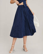 Polka Dot Midi Skirt with Blue Pockets