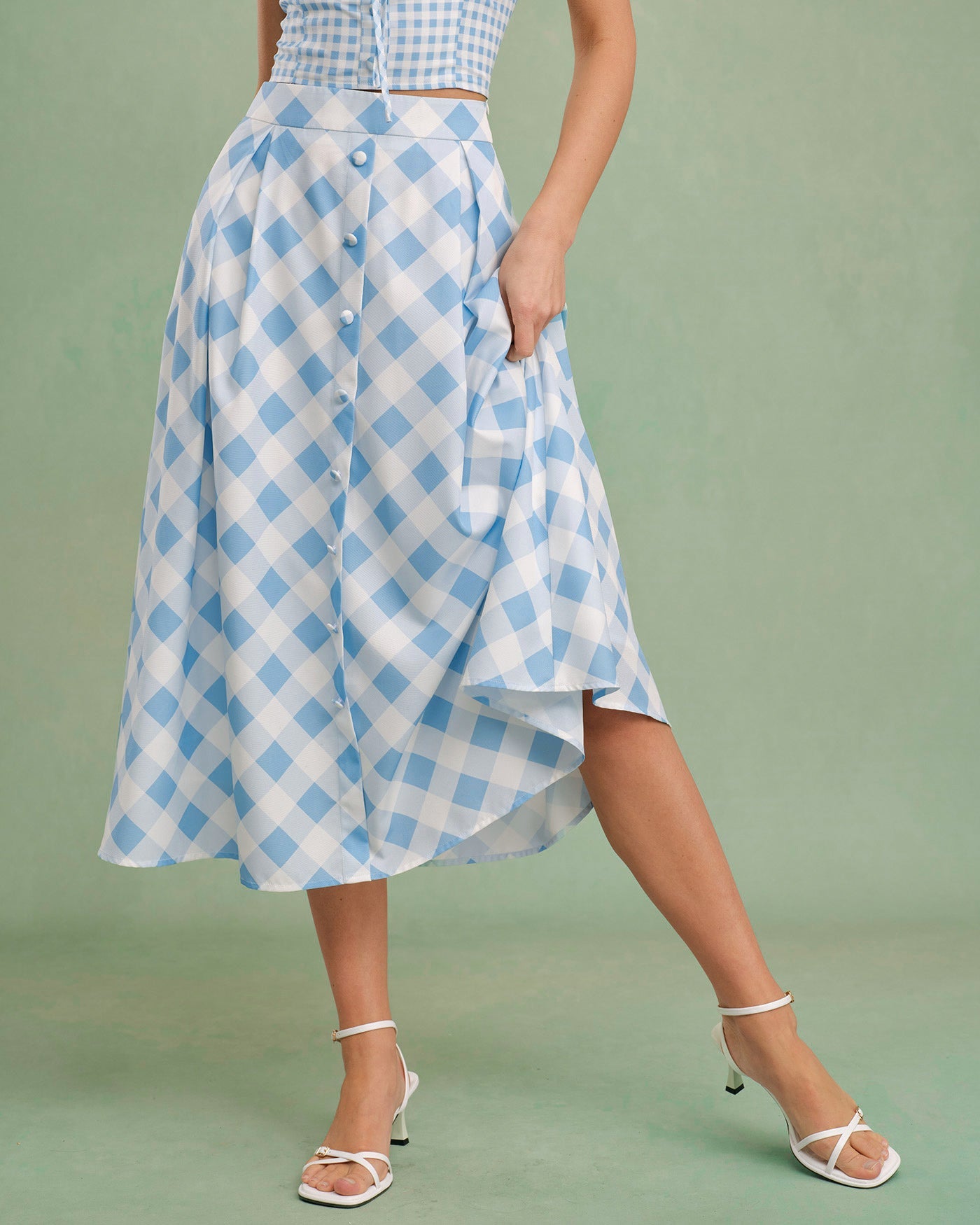 Plaid Midi Skirt in Blue with Button Detail