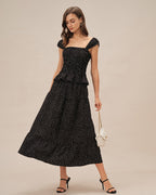 Ruched Midi Skirt with Black Polka Dots