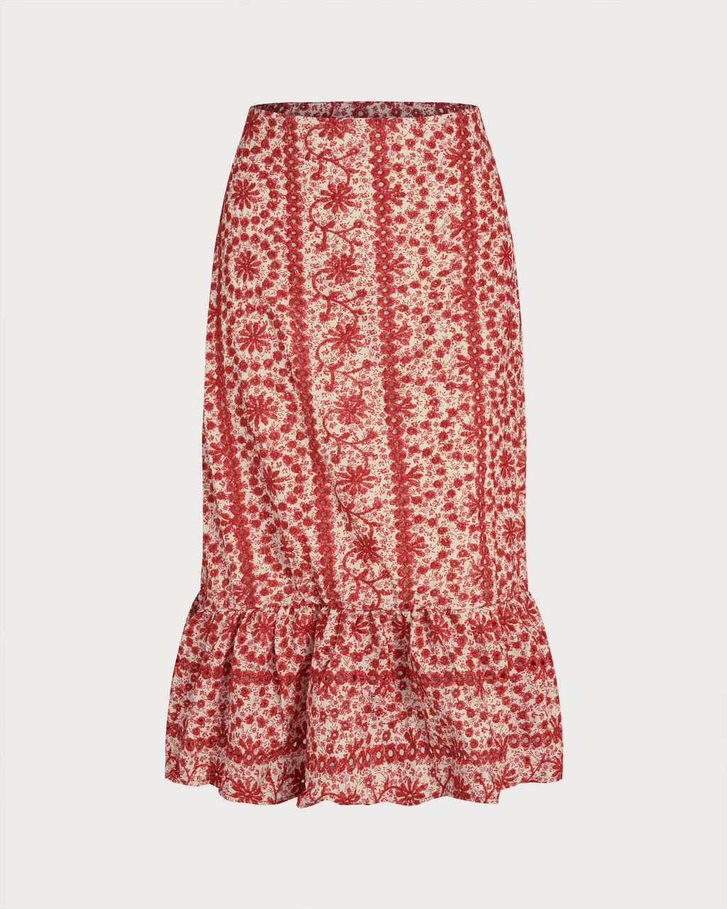 Crimson Floral Gathered Midi Skirt