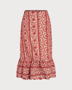 Crimson Floral Gathered Midi Skirt
