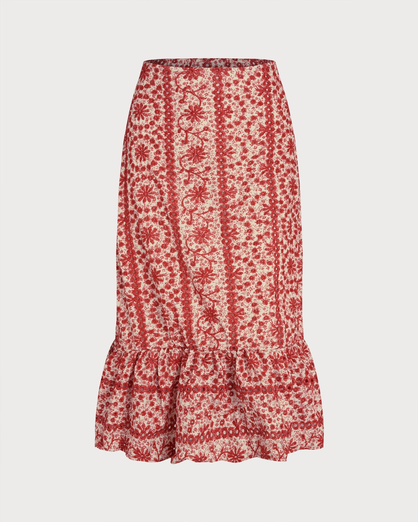 Crimson Floral Gathered Midi Skirt