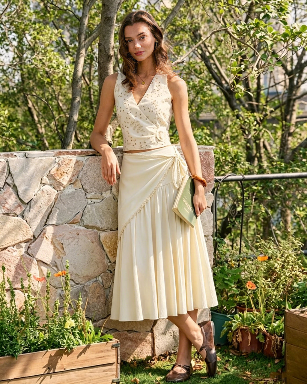 Apricot Colorblock Tie Midi Skirt