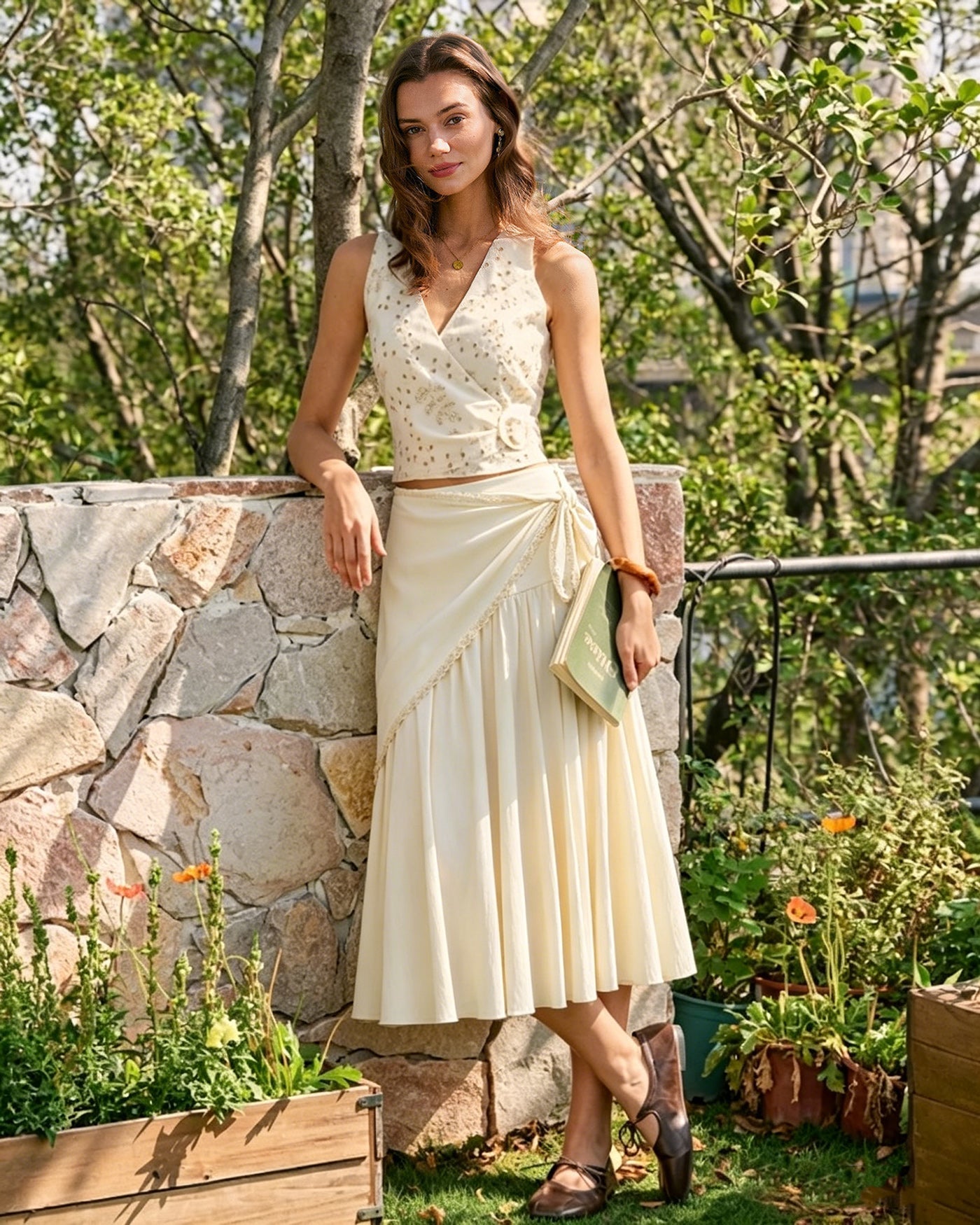 Apricot Colorblock Tie Midi Skirt