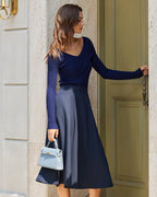 Navy Midi Skirt with A-Line Cut and Pockets