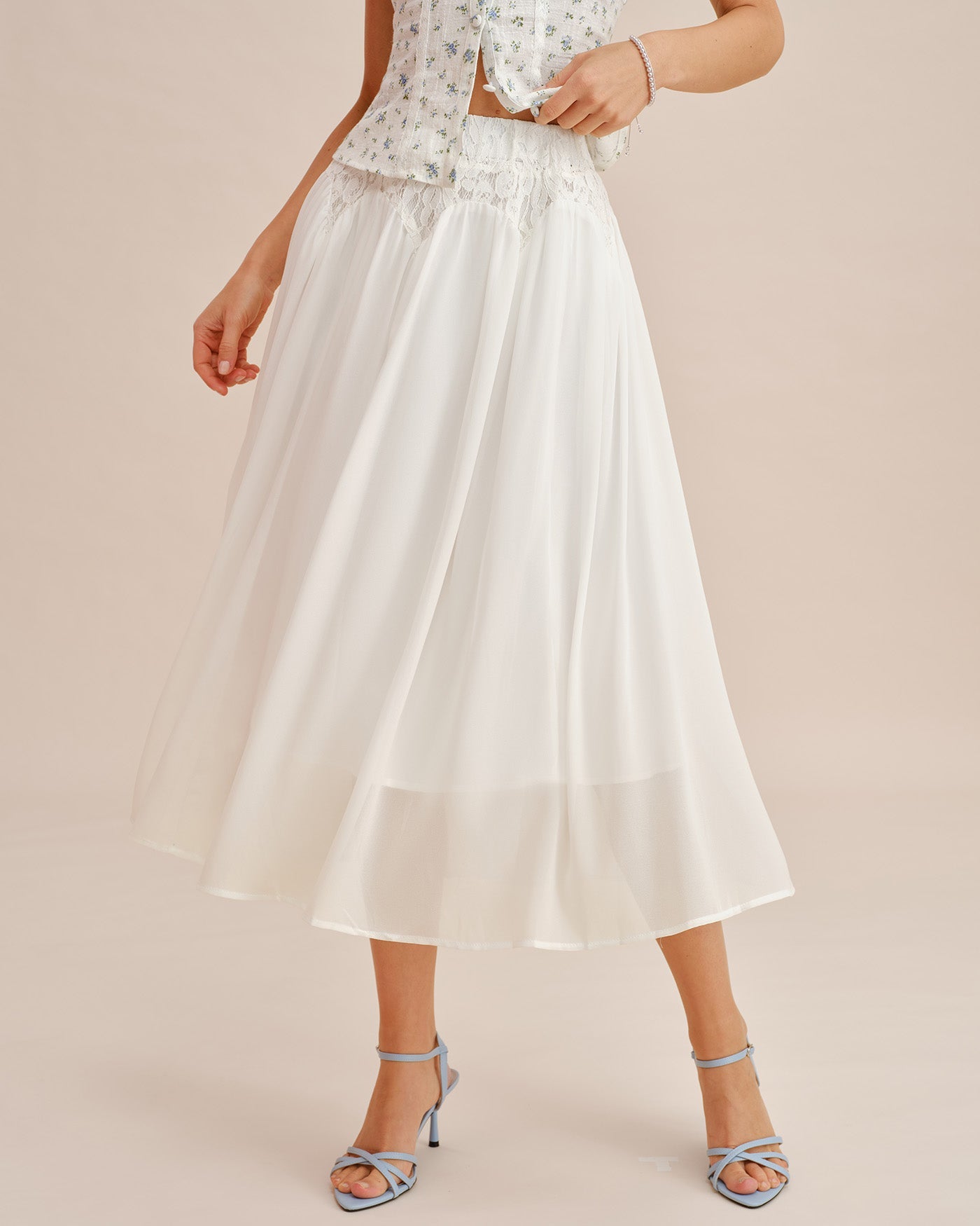 White Lace-Trimmed Elastic Waist Midi Skirt