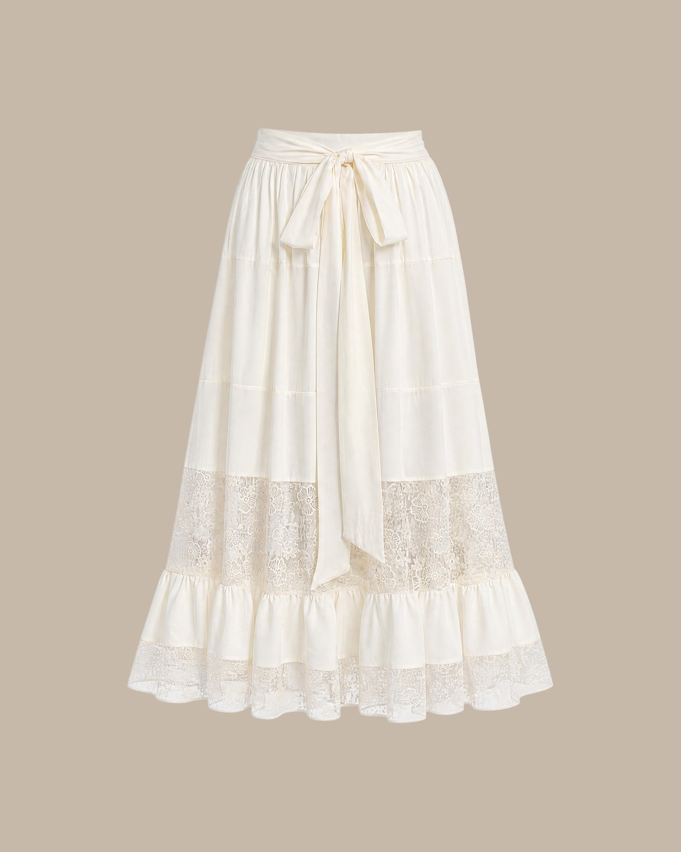 Apricot Lace Midi Skirt with Elastic Waist