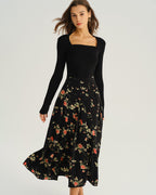Floral Print Black A-Line Midi Skirt