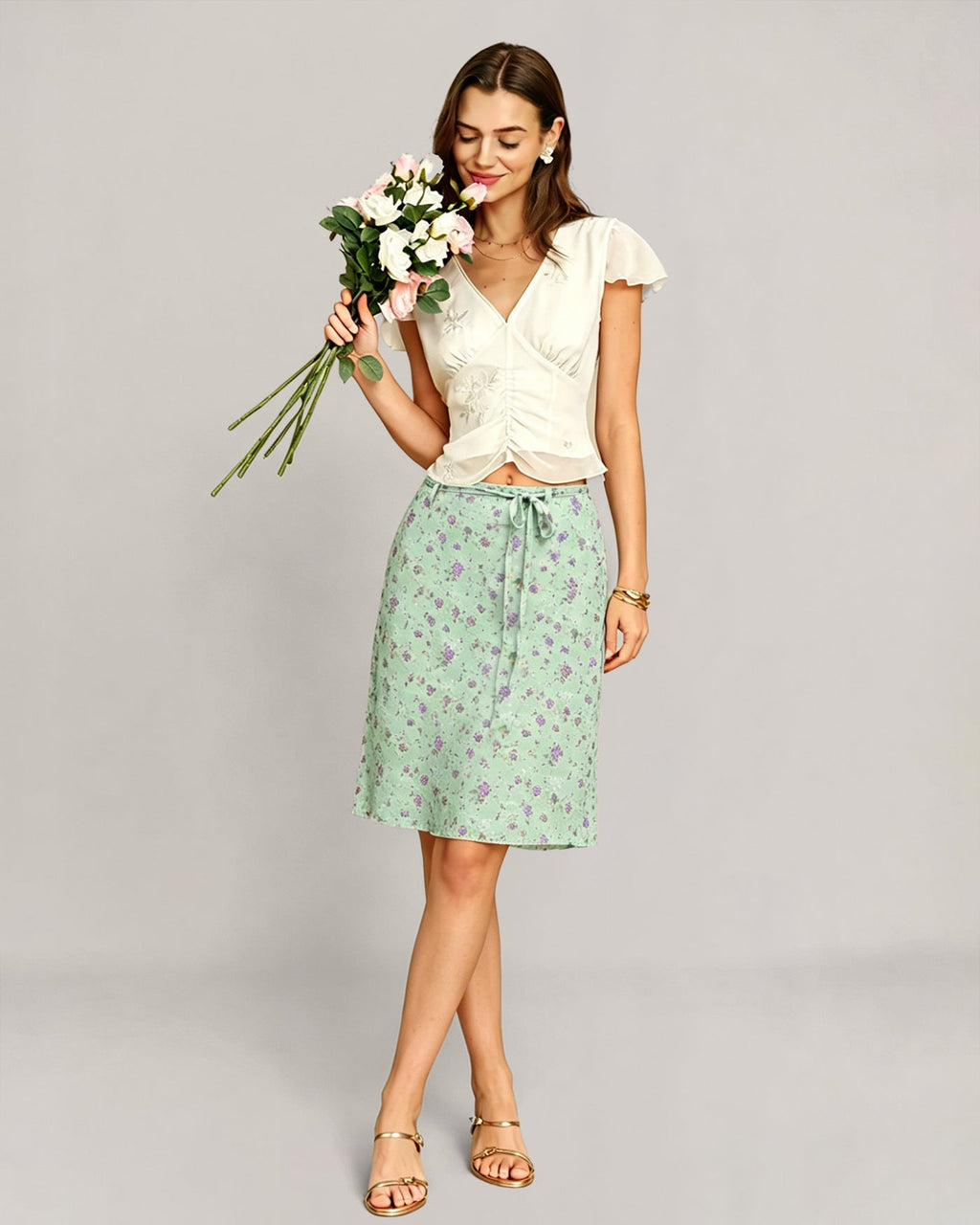 Straight Skirt with Green Floral Print