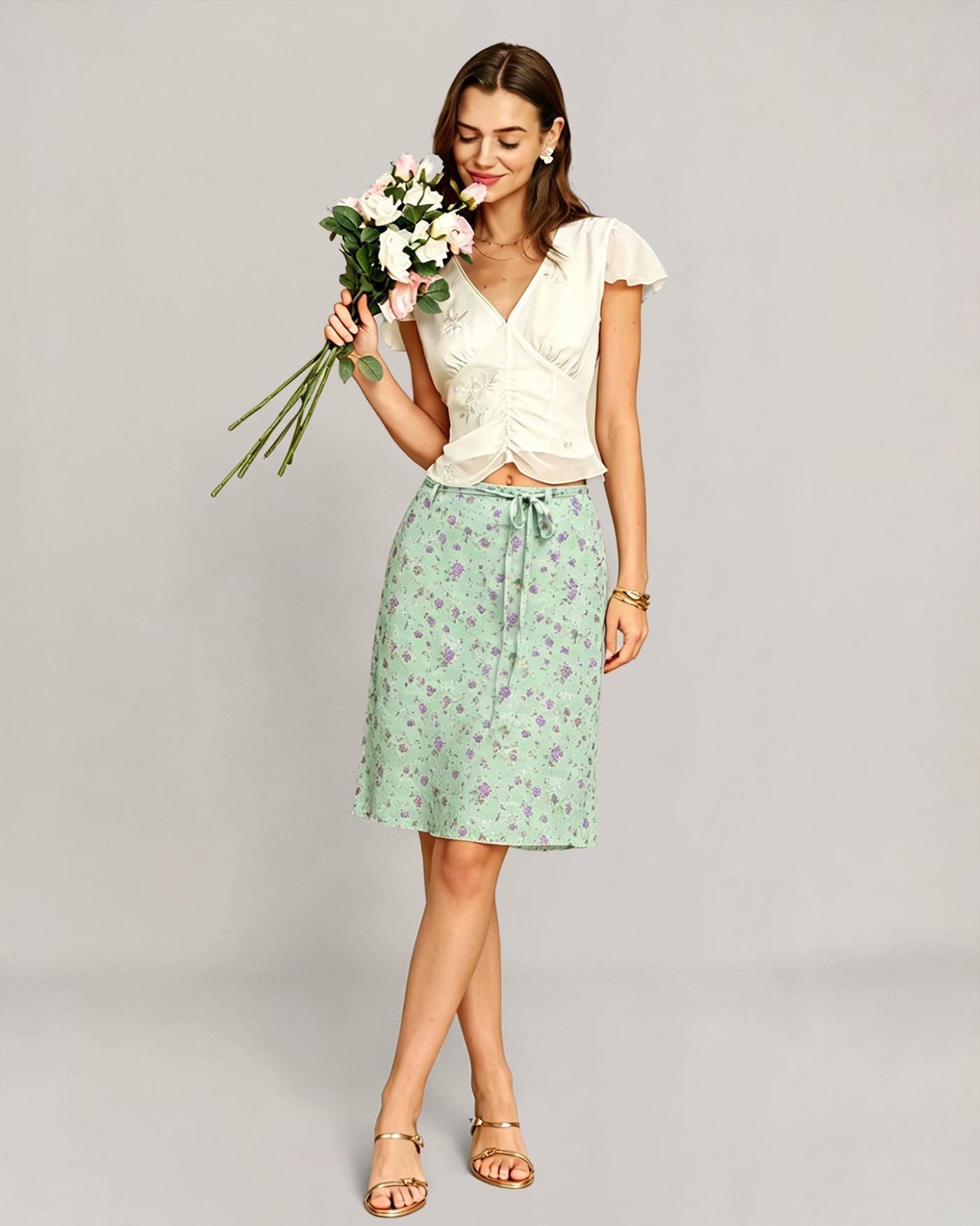 Straight Skirt with Green Floral Print