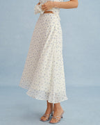 Floral Print Beige Chiffon Midi Skirt