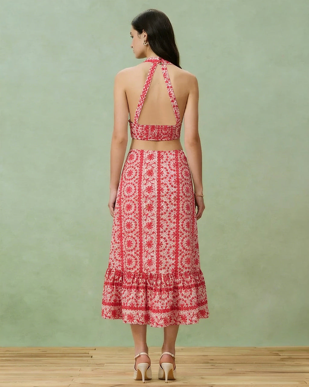 Crimson Floral Gathered Midi Skirt