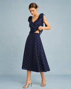 Navy Polka Dot Midi Skirt with Slit