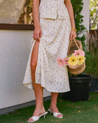 Floral Print Beige Midi Skirt with Slit