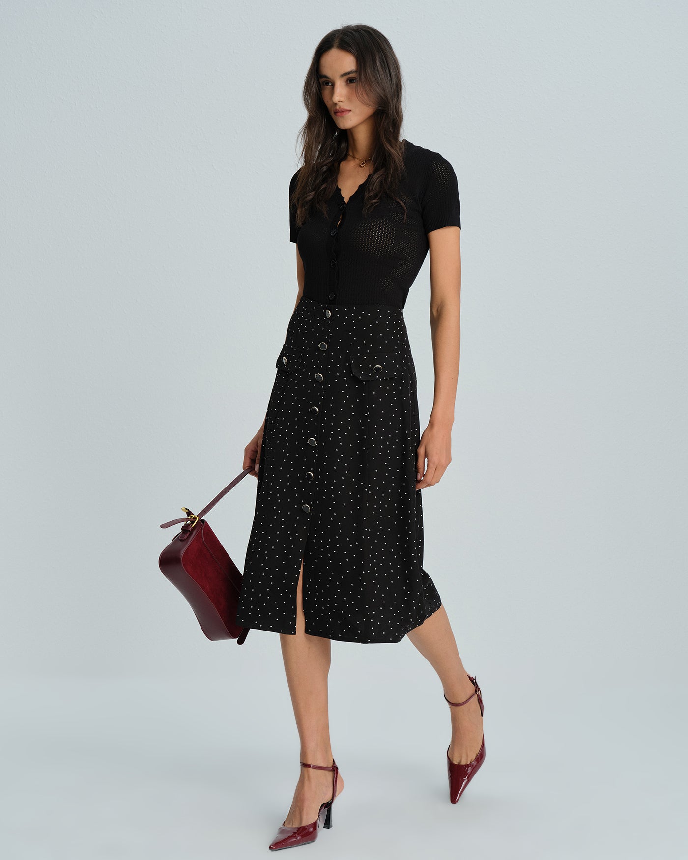 Polka Dot Midi Skirt in Black