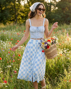 Plaid Midi Skirt in Blue with Button Detail