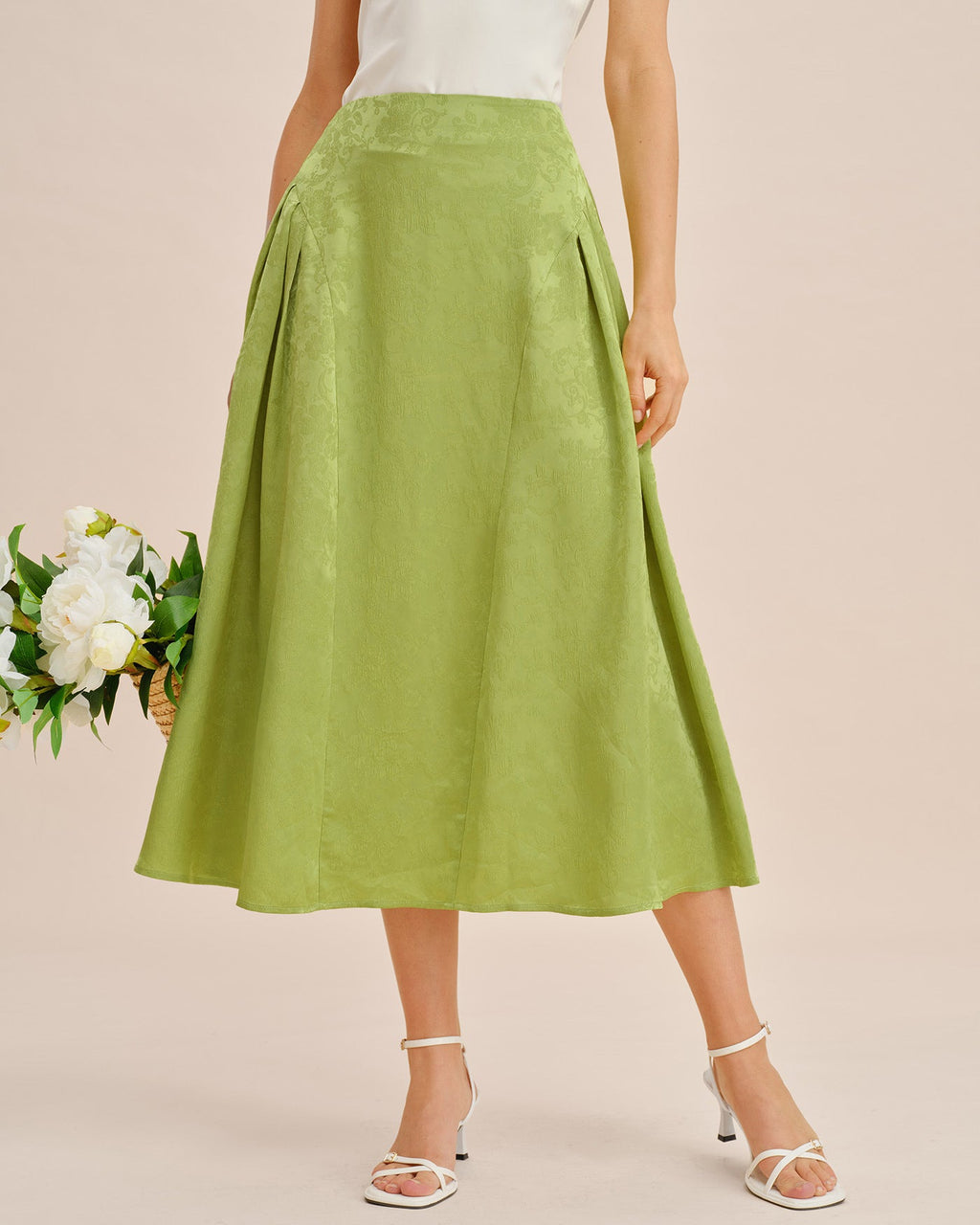 Emerald Jacquard Ruched Satin Midi Skirt