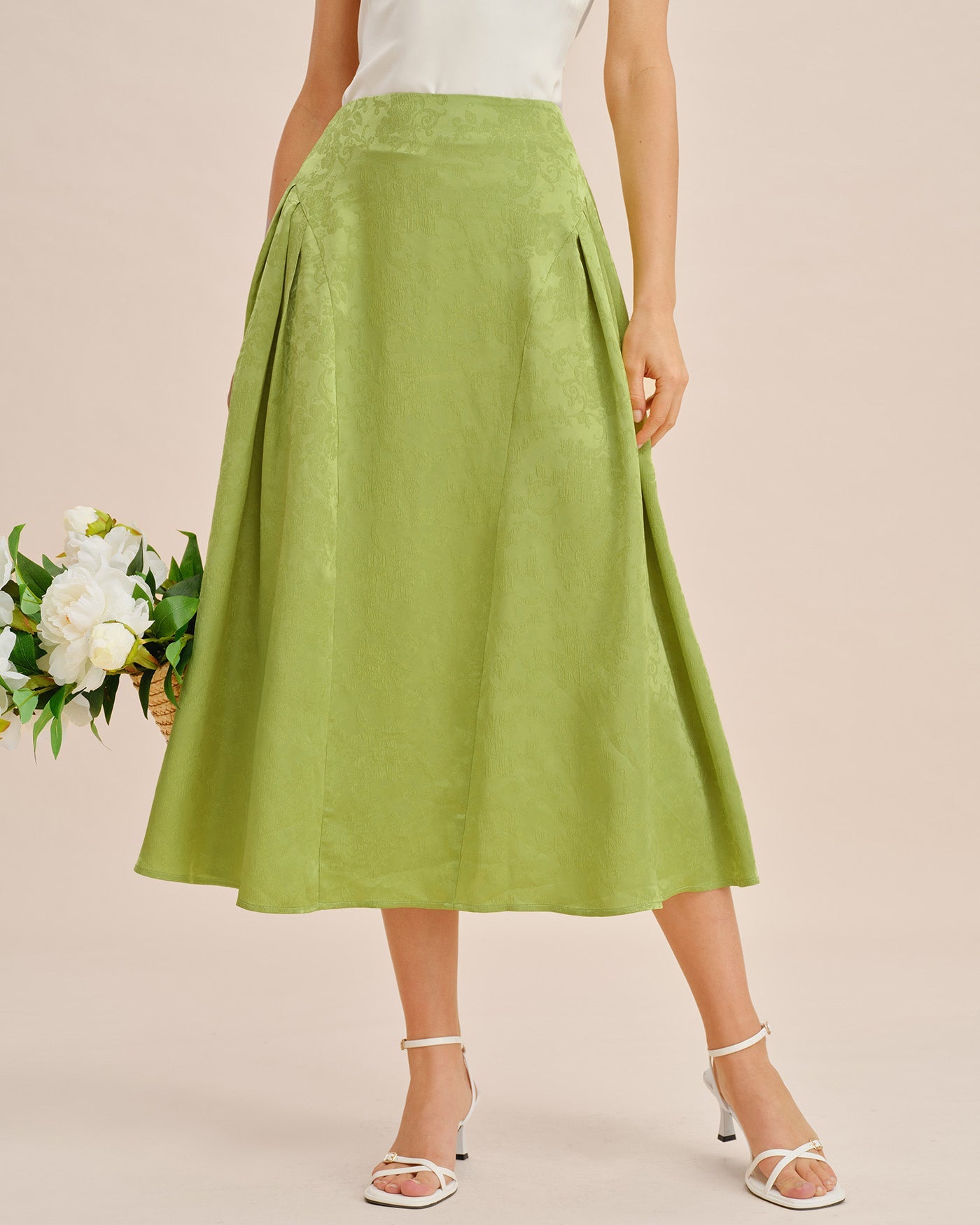 Emerald Jacquard Ruched Satin Midi Skirt