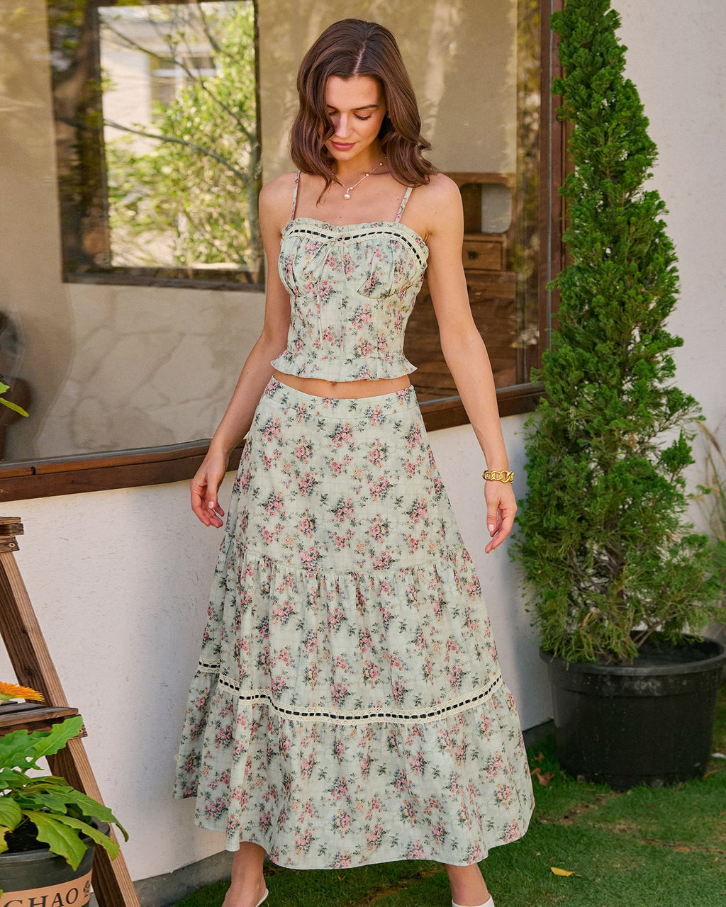 Floral Print A-Line Midi Skirt in Green