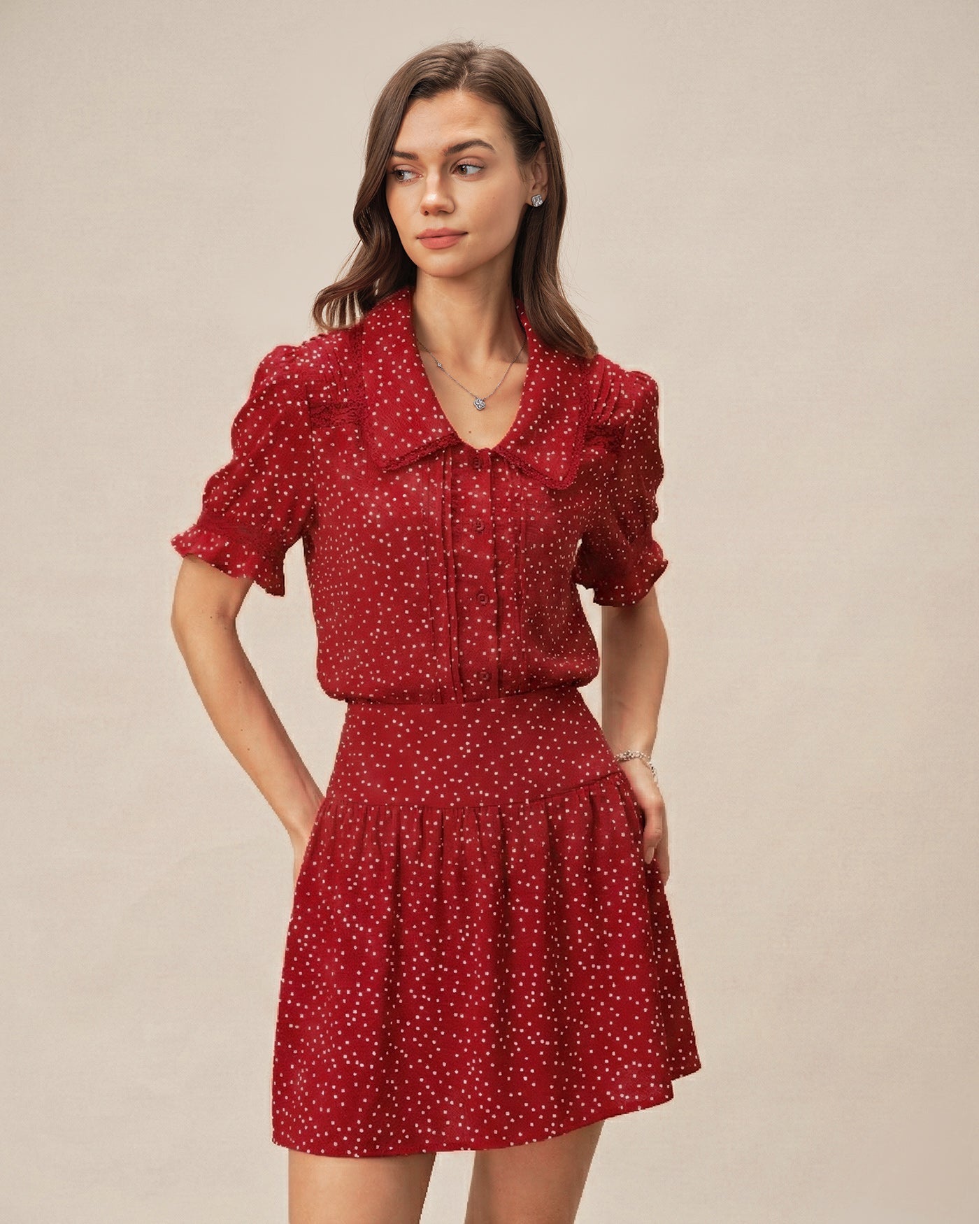 Ruched Mini Skirt with Red Polka Dots