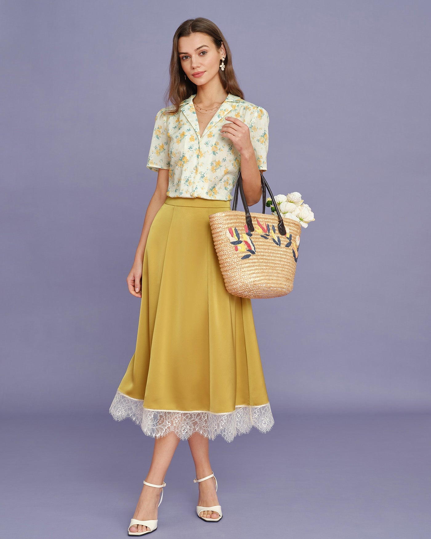 Yellow Satin Midi Skirt with Lace Detail