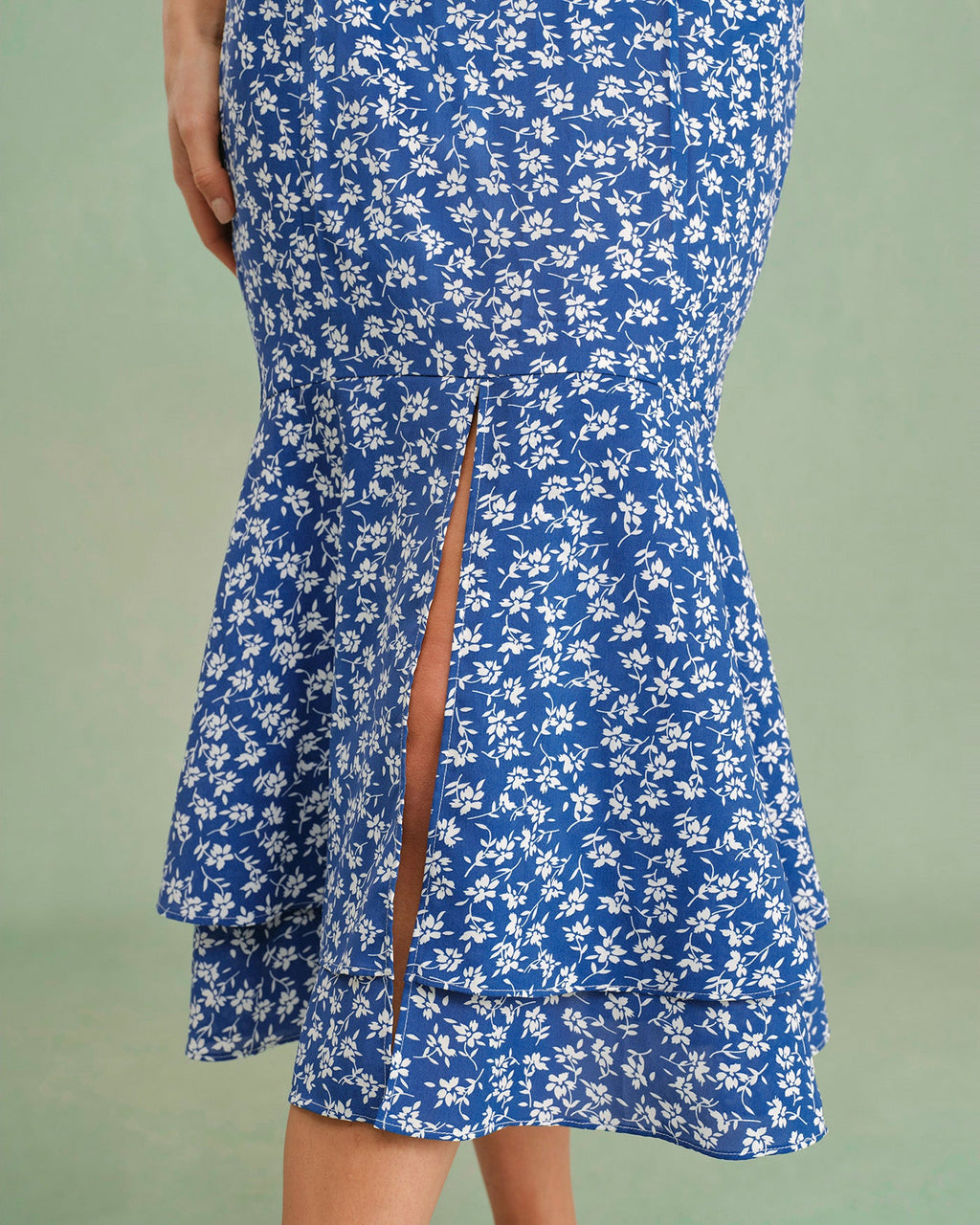 Floral Print Blue Mermaid Midi Skirt