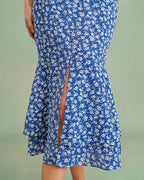 Floral Print Blue Mermaid Midi Skirt