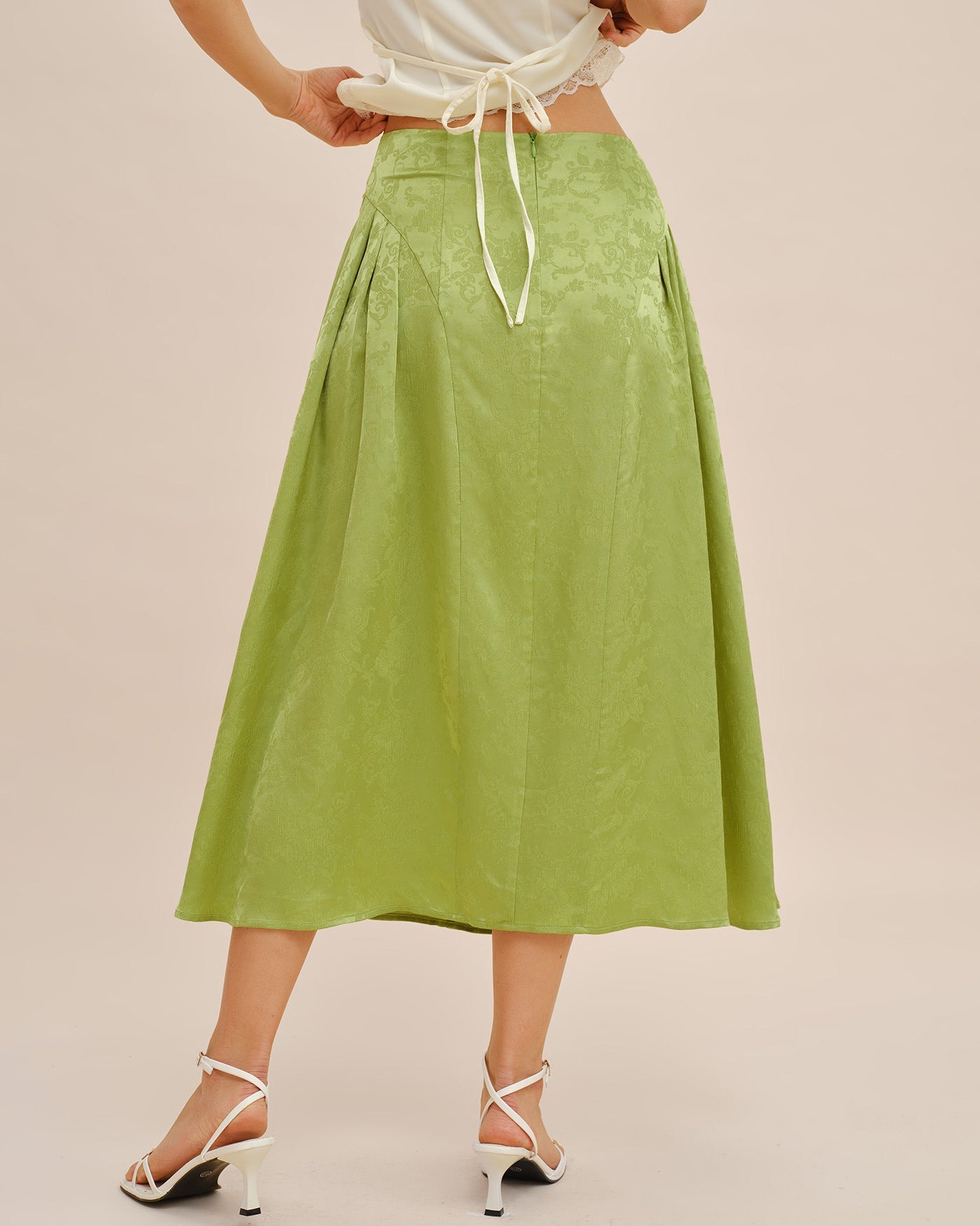 Emerald Jacquard Ruched Satin Midi Skirt