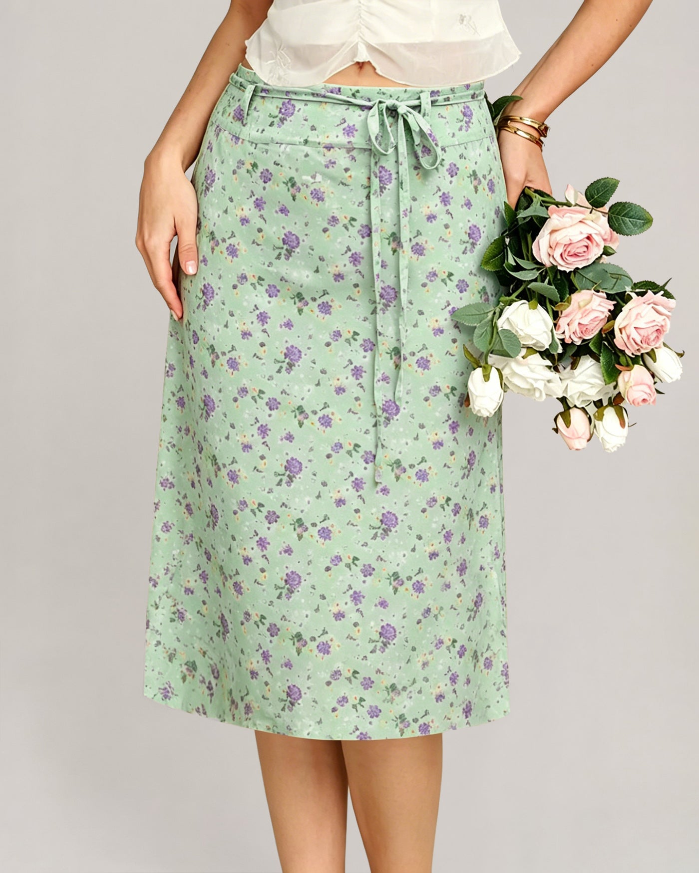 Straight Skirt with Green Floral Print