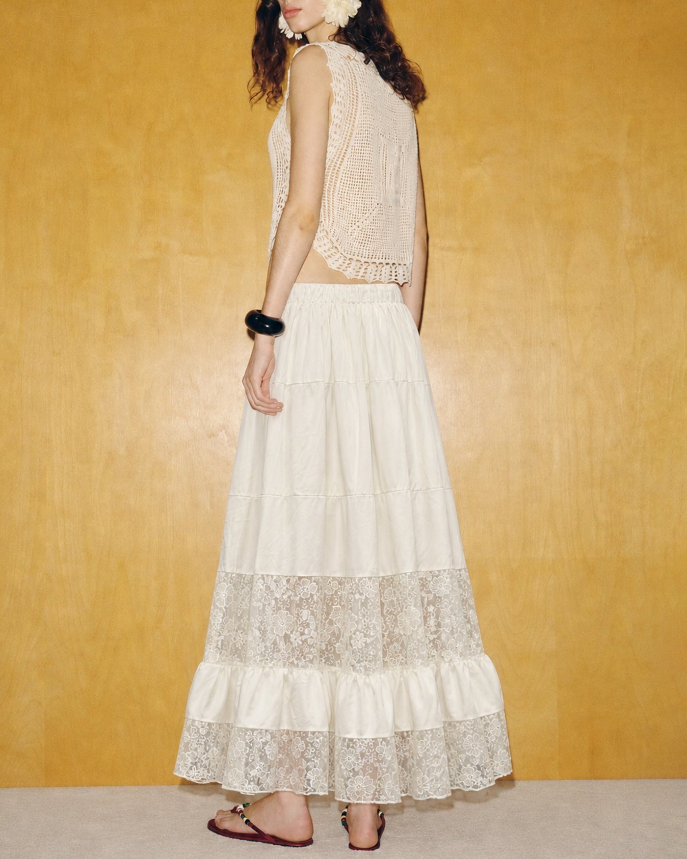 Apricot Lace Midi Skirt with Elastic Waist