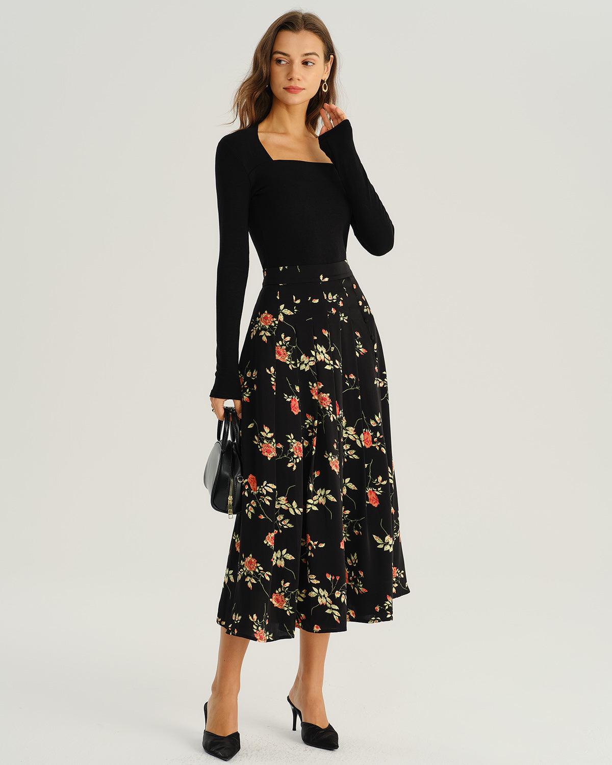 Floral Print Black A-Line Midi Skirt