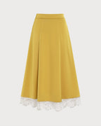 Yellow Satin Midi Skirt with Lace Detail