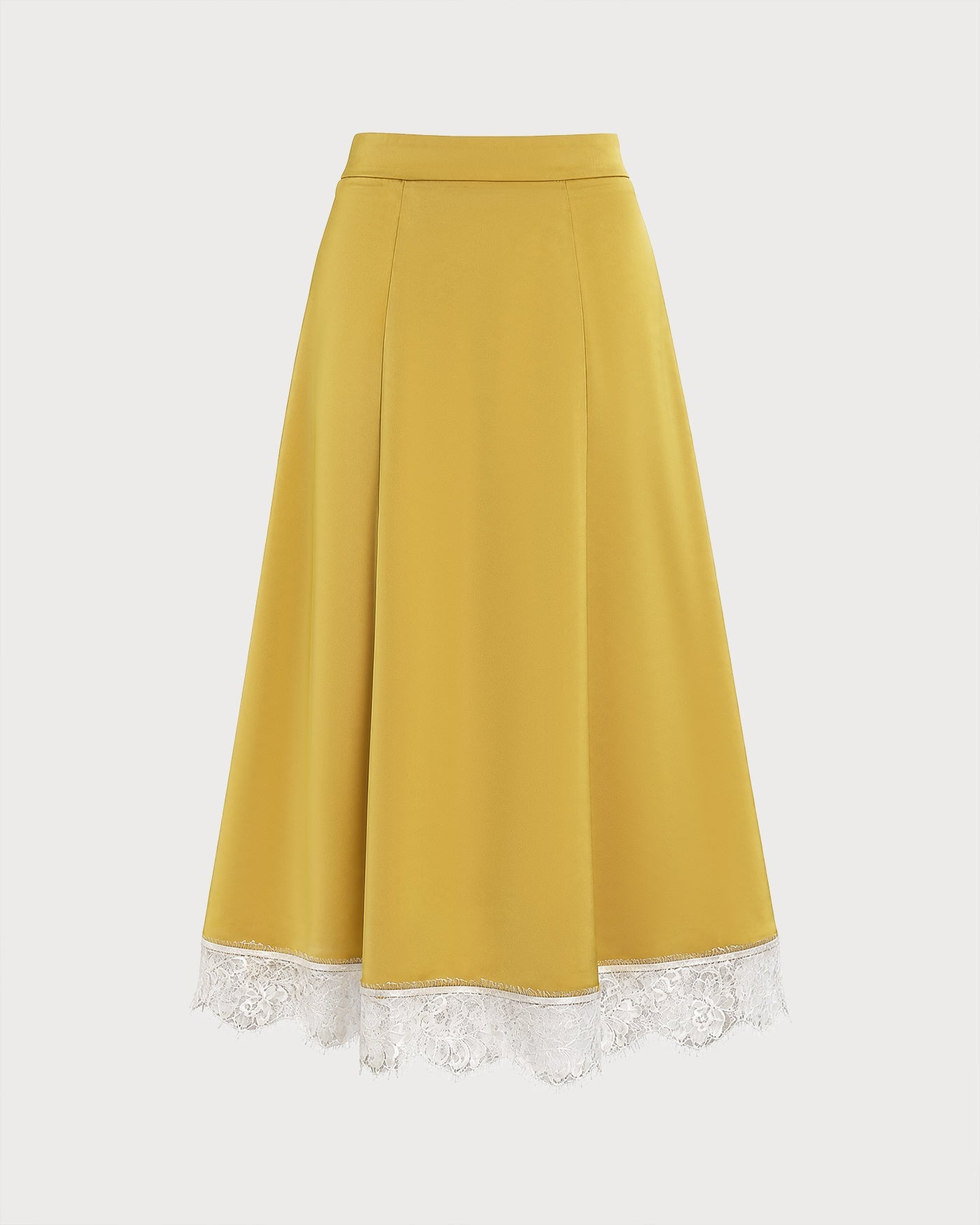 Yellow Satin Midi Skirt with Lace Detail