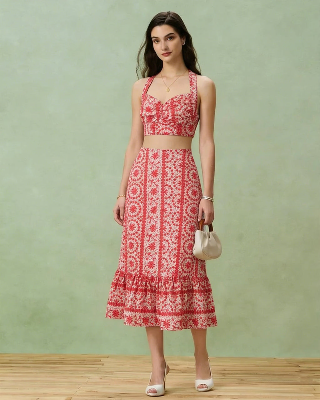 Crimson Floral Gathered Midi Skirt