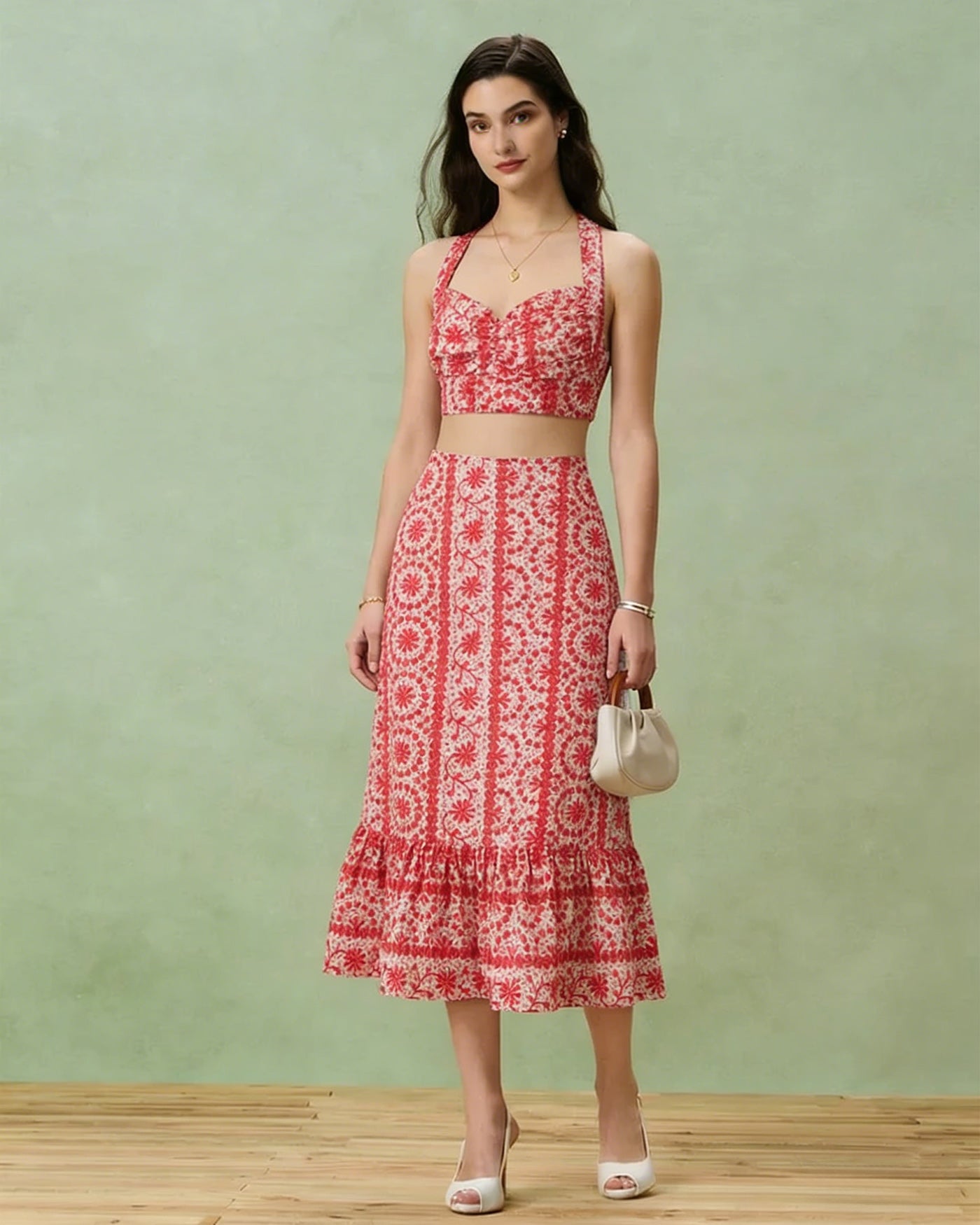 Crimson Floral Gathered Midi Skirt