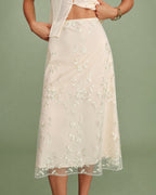 Apricot Floral Embroidered Mesh Midi Skirt
