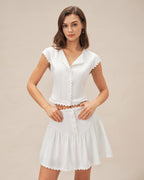 White Ruched Mini Skirt with Button Detail