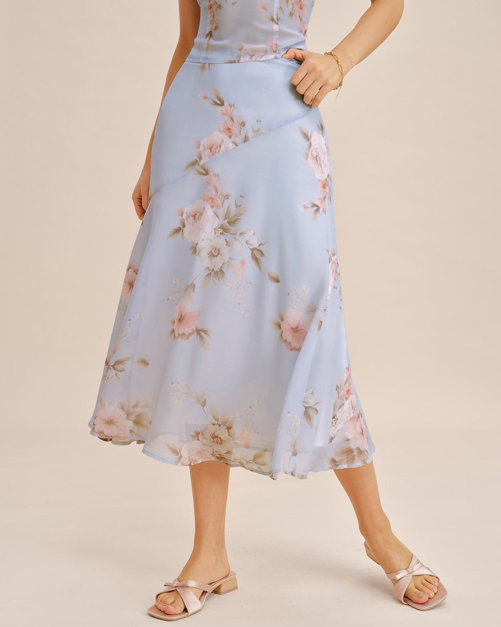 Light Purple Floral Print A-Line Midi Skirt