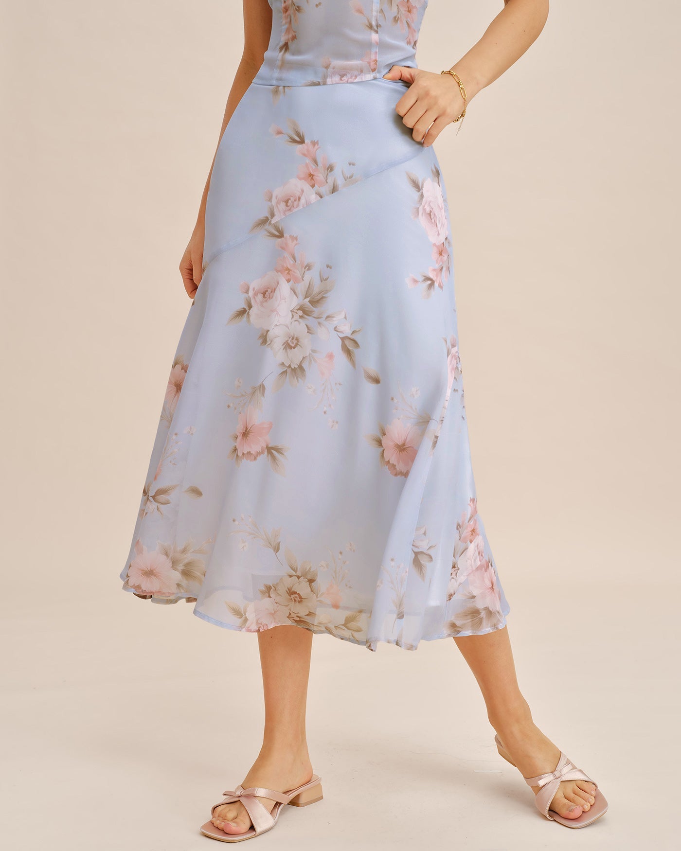 Light Purple Floral Print A-Line Midi Skirt