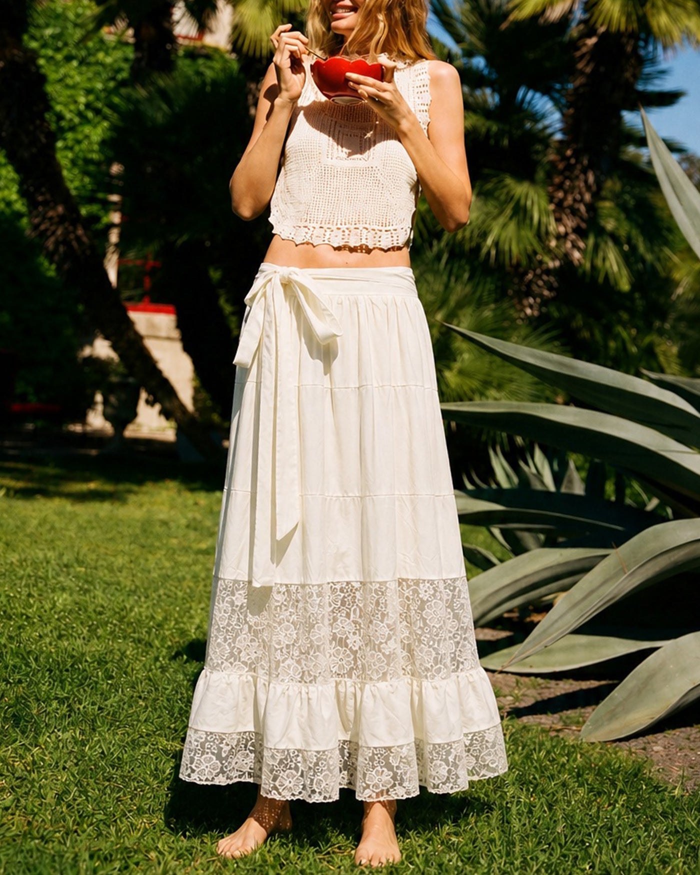 Apricot Lace Midi Skirt with Elastic Waist