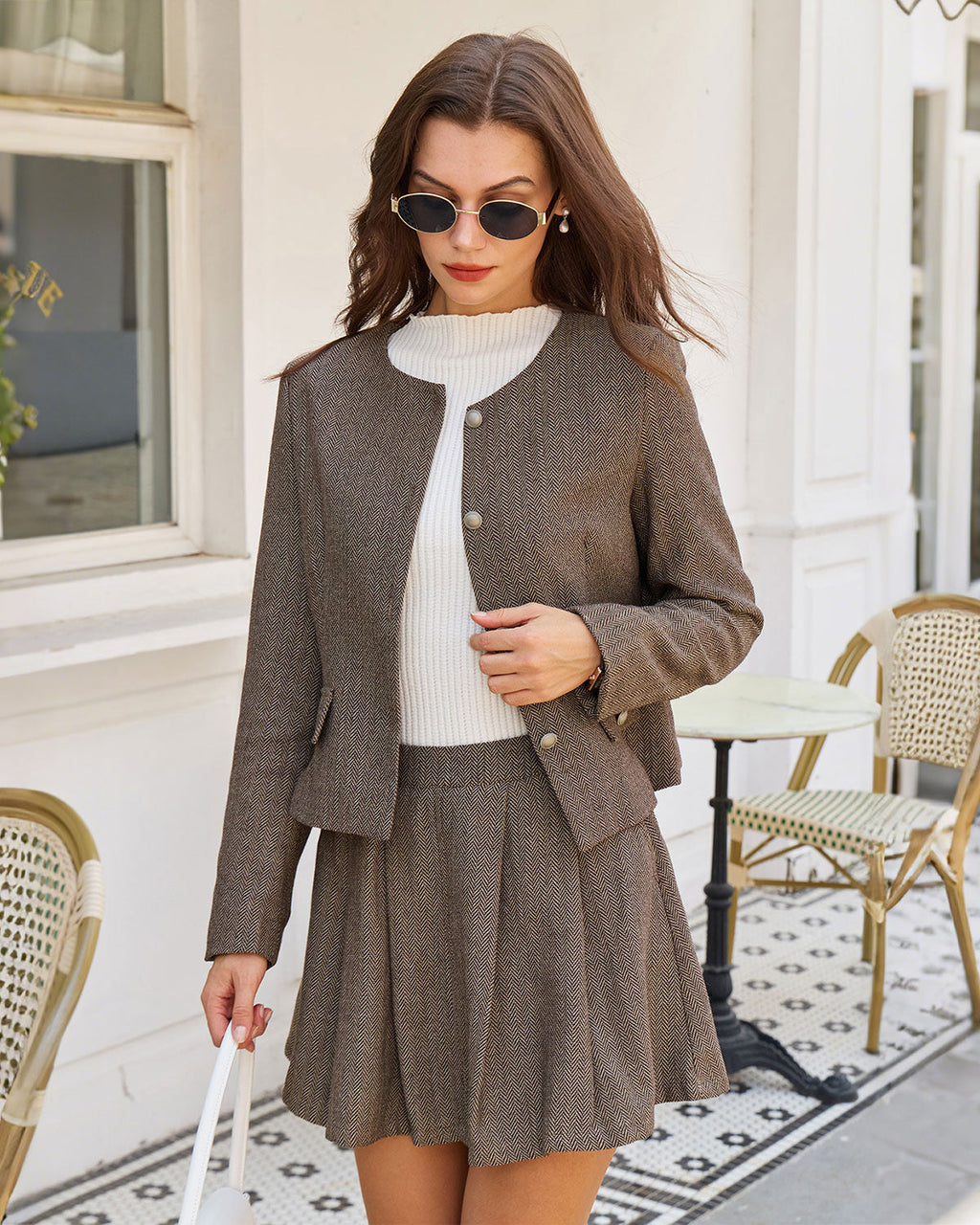 Brown Pleated Mini Skirt with Pockets - A-Line Design